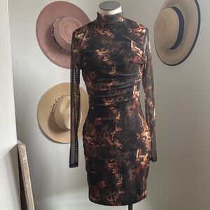 PrettyLittleThing Black and Tan renaissance print Long Sleeve Dress